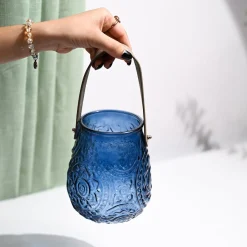 VON CASA Blue Cylindrical Glass T-Light Holder