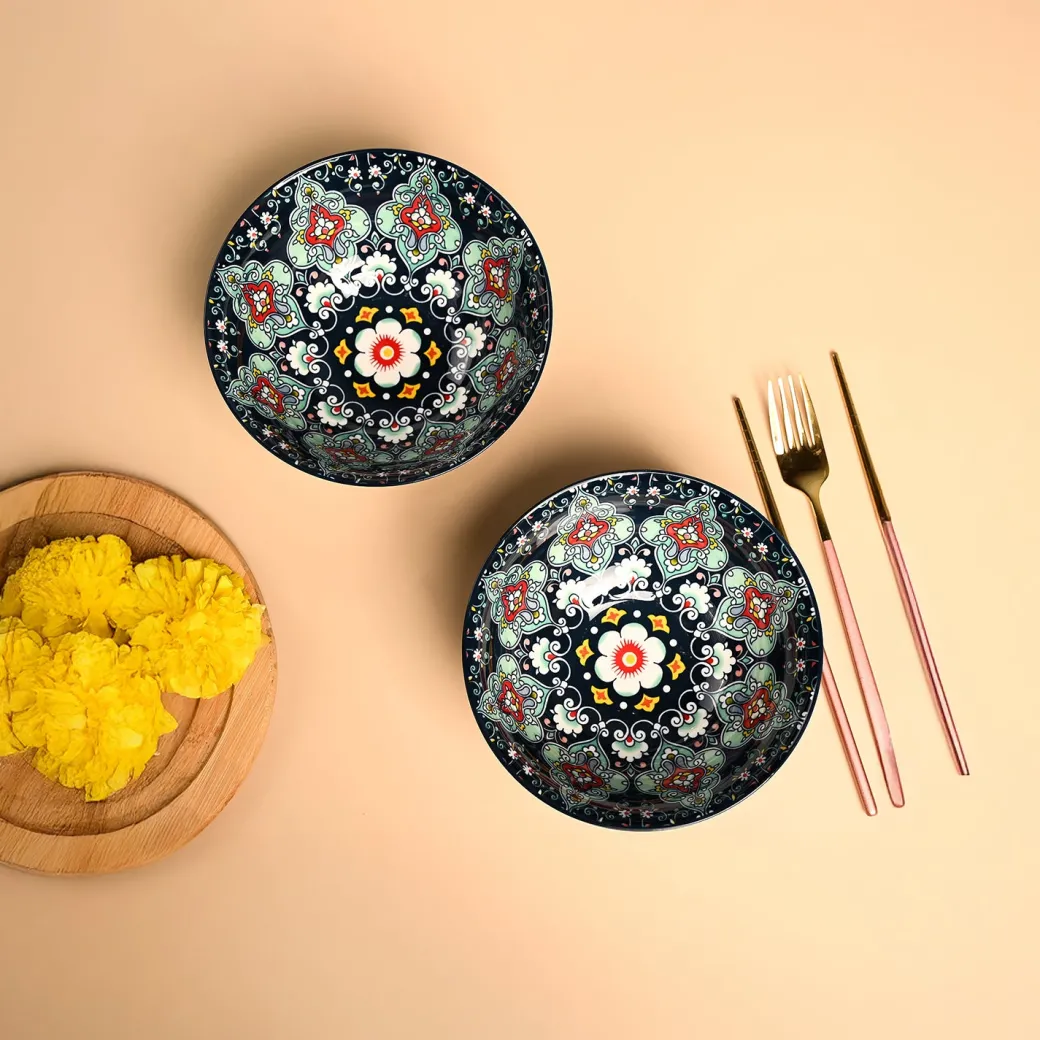 VON CASA Ceramic Mandala Navy Blue Round Serving Bowl Set Of 2