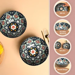 VON CASA Ceramic Mandala Navy Blue Round Serving Bowl Set Of 2