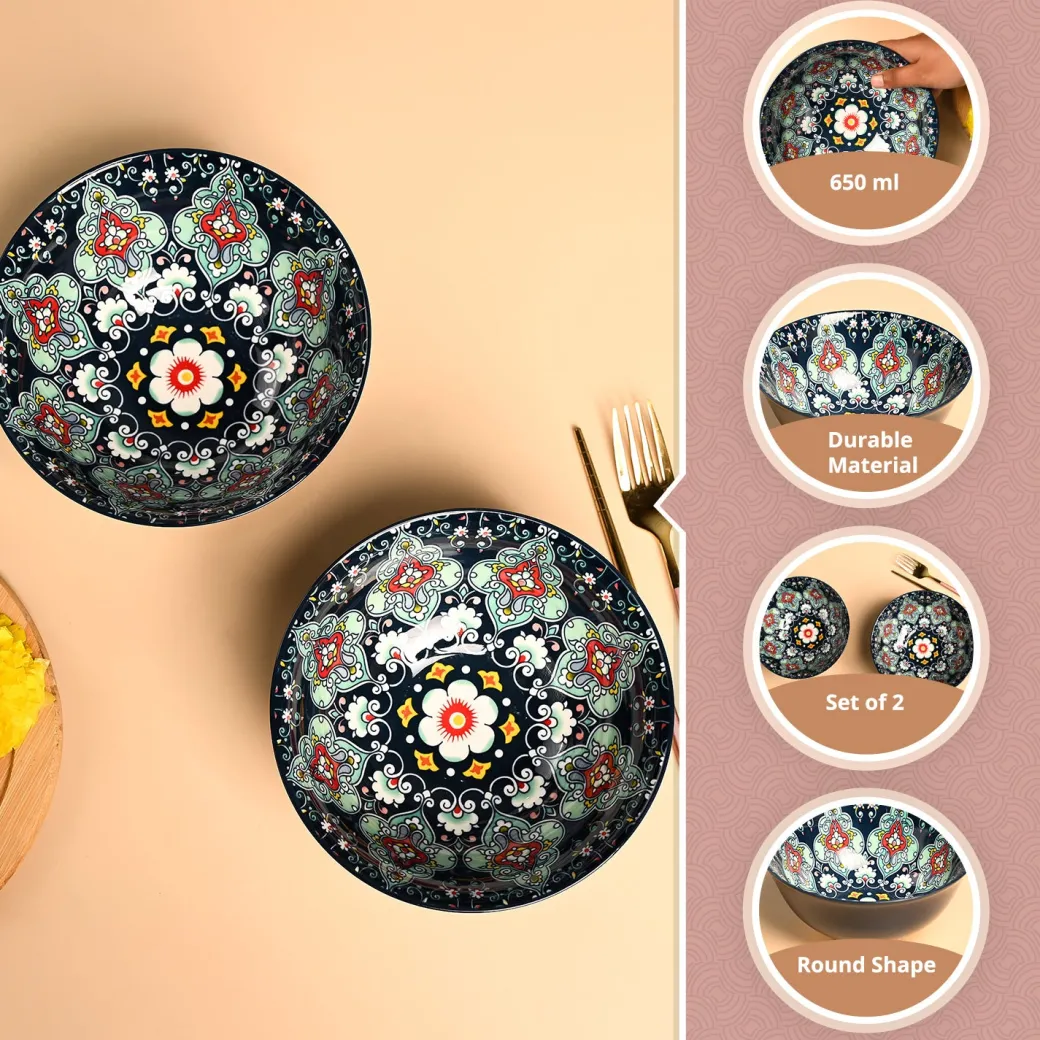 VON CASA Ceramic Mandala Navy Blue Round Serving Bowl Set Of 2