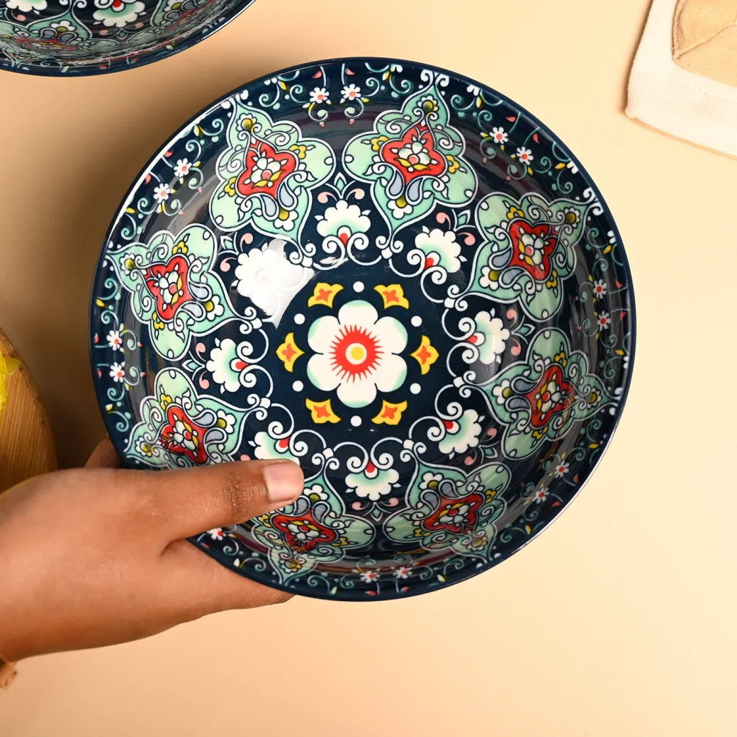 VON CASA Ceramic Mandala Navy Blue Round Serving Bowl Set Of 2
