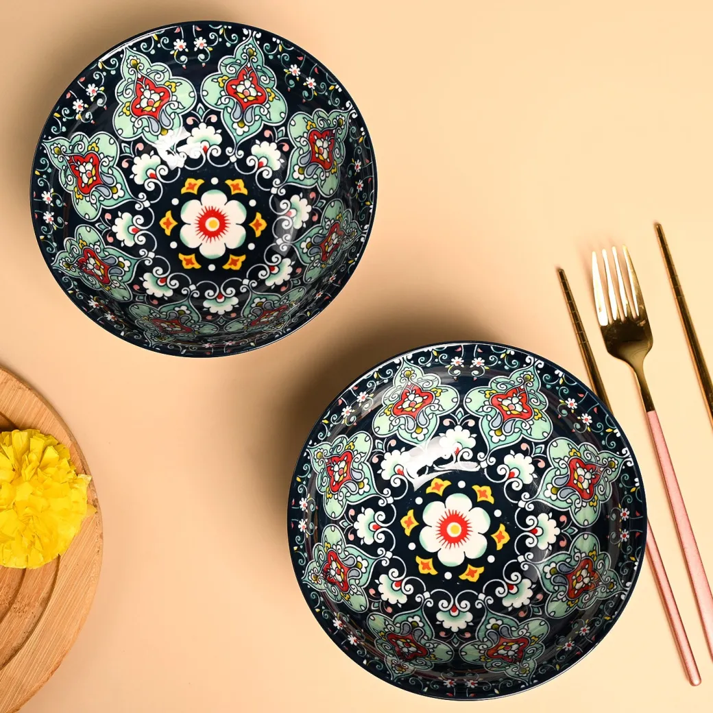 VON CASA Ceramic Mandala Navy Blue Round Serving Bowl Set Of 2