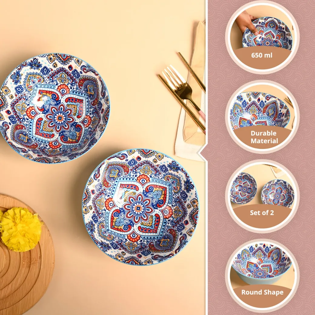 VON CASA Ceramic Mandala Light Blue Round Serving Bowl Set Of 2