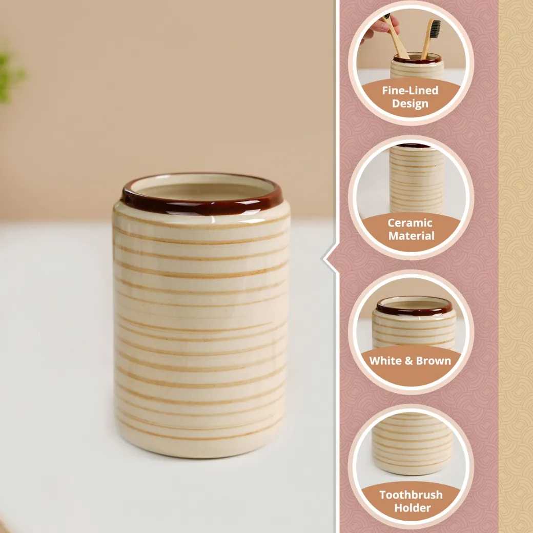 VON CASA Fine-Lined Ceramic Tooth Brush Holder (White & Brown)
