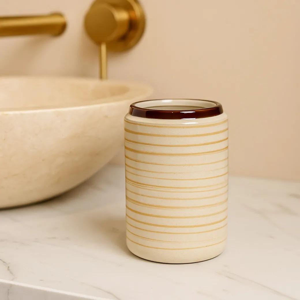 VON CASA Fine-Lined Ceramic Tooth Brush Holder (White & Brown)