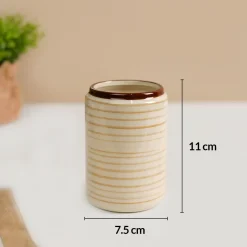 VON CASA Fine-Lined Ceramic Tooth Brush Holder (White & Brown)
