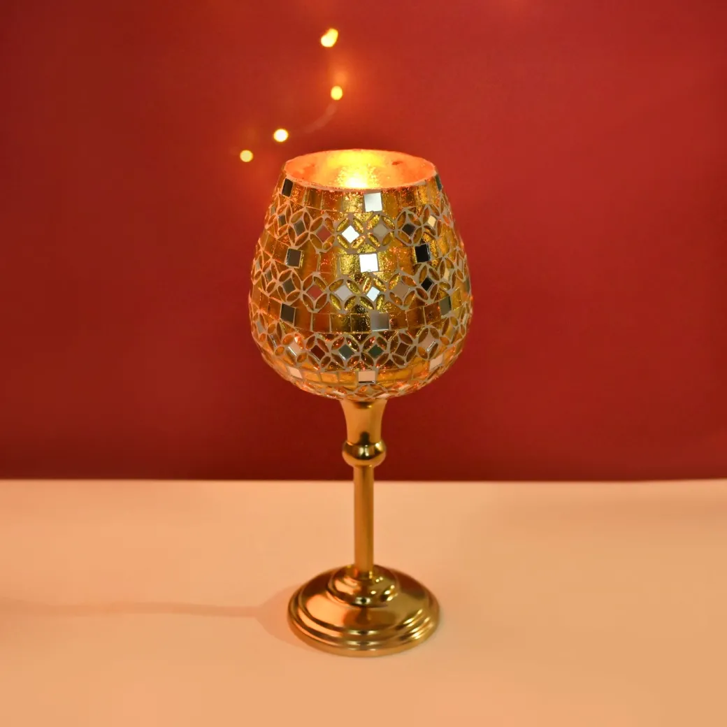 VON CASA Goblet T-Light Holder (Big) – Golden Mosaic Grandeur