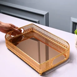VON CASA Golden Round Medium Tray - Leaf Design
