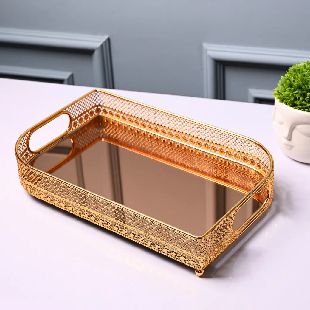 VON CASA Golden Round Medium Tray - Leaf Design