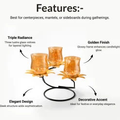 VON CASA Golden 3-Votive T-Lite Holder – Lustre Glass Finish