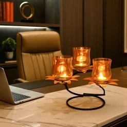 VON CASA Golden 3-Votive T-Lite Holder – Lustre Glass Finish
