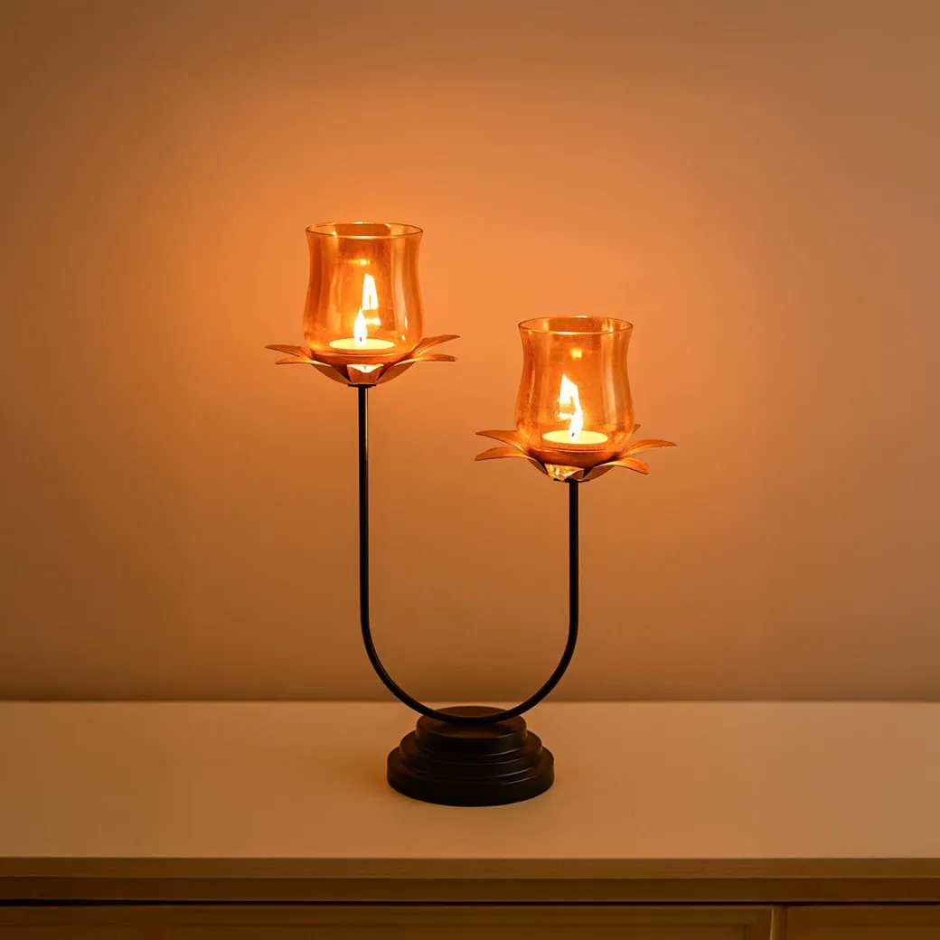 VON CASA Golden 2-Votive U T-Lite Holder – Metal & Glass