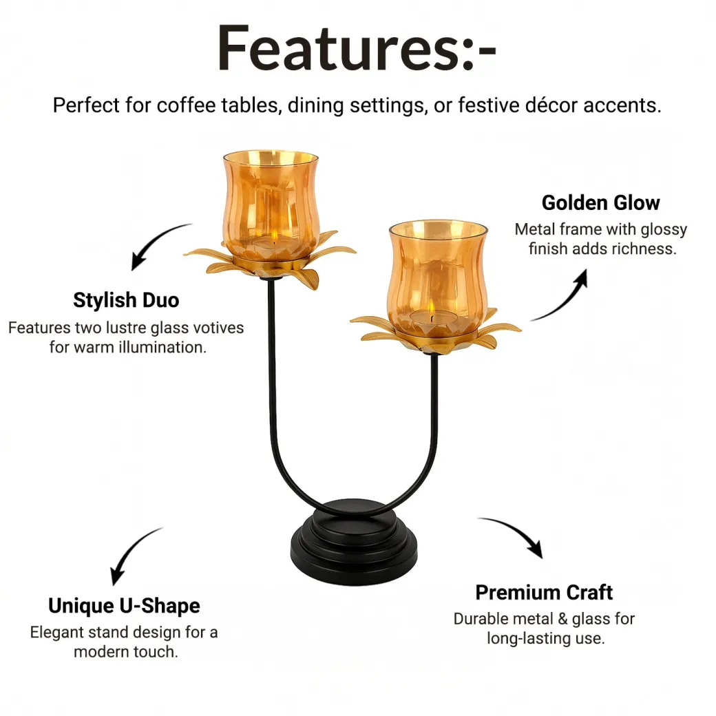 VON CASA Golden 2-Votive U T-Lite Holder – Metal & Glass