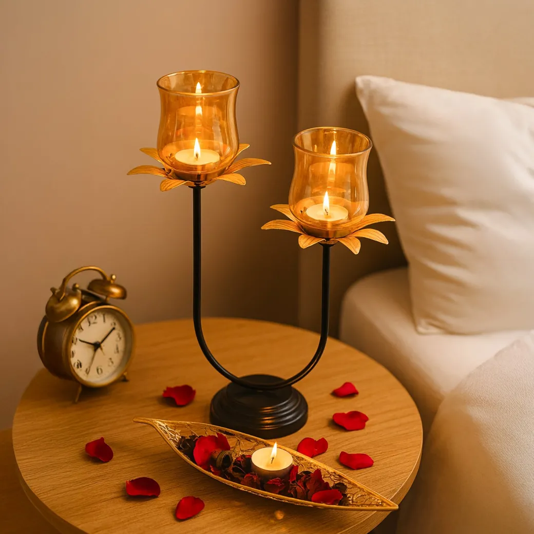 VON CASA Golden 2-Votive U T-Lite Holder – Metal & Glass