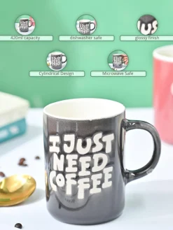 VON CASA Grey Mug (I Just Need Coffee) - 420Ml
