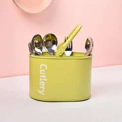 VON CASA Mint Green Galvanized Iron Cutlery Holder – Oval Shape