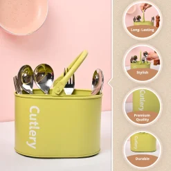 VON CASA Mint Green Galvanized Iron Cutlery Holder – Oval Shape