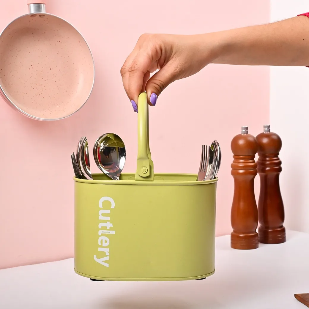 VON CASA Mint Green Galvanized Iron Cutlery Holder – Oval Shape