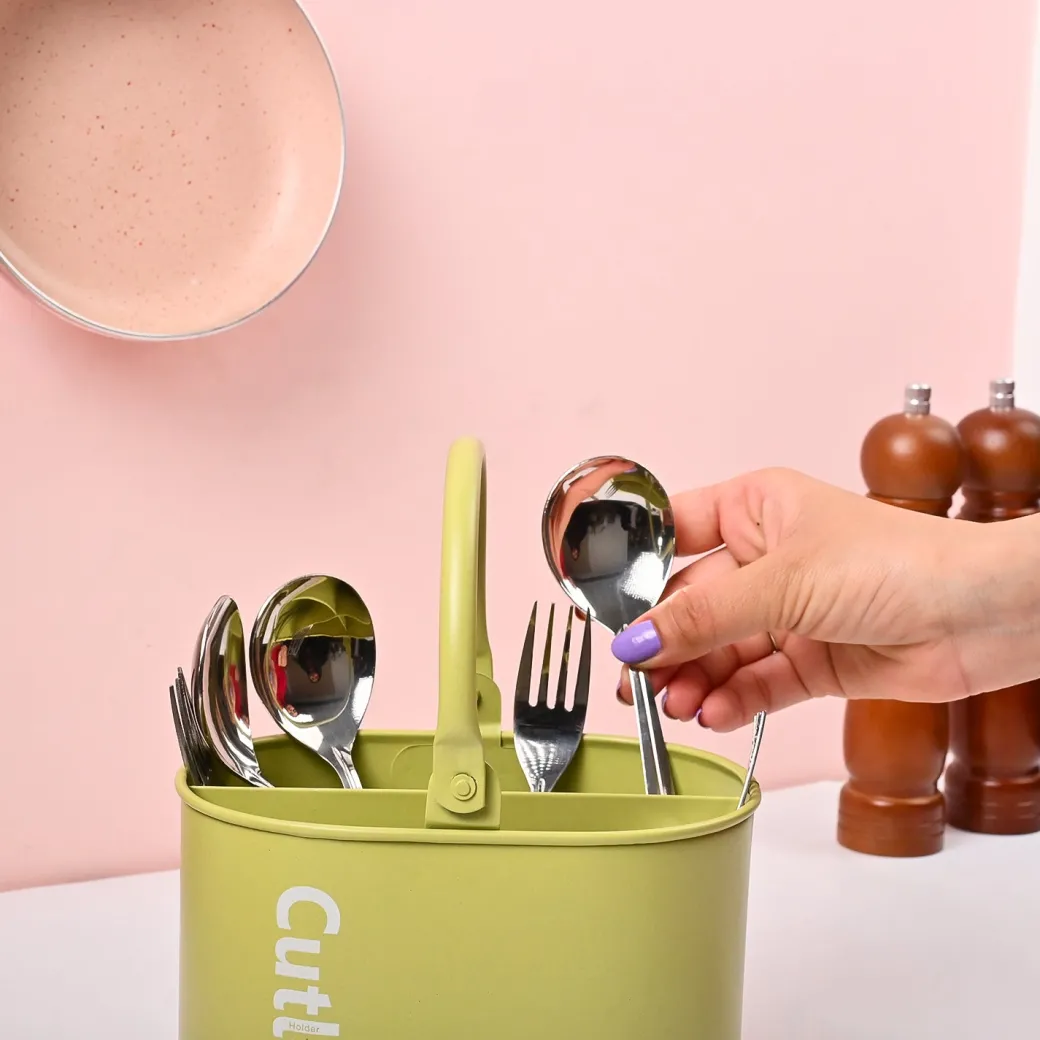VON CASA Mint Green Galvanized Iron Cutlery Holder – Oval Shape