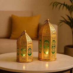 VON CASA Moroccan Lantern Set of 2 – Golden & Green (Domed Design)