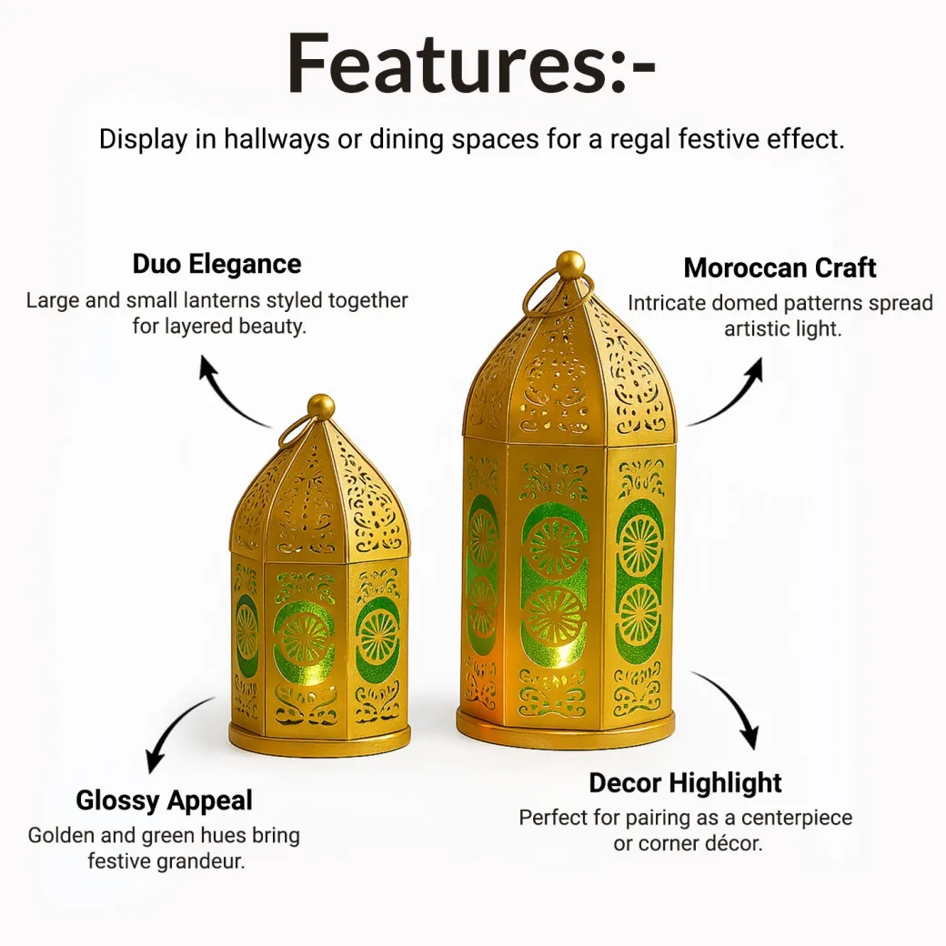 VON CASA Moroccan Lantern Set of 2 – Golden & Green (Domed Design)