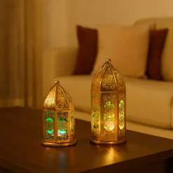 VON CASA Moroccan Lantern Set of 2 – Golden & Green (Domed Design)
