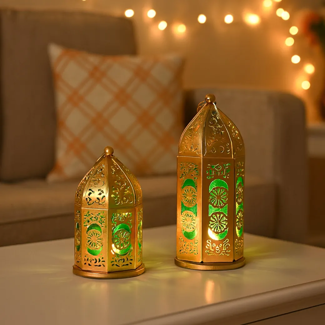 VON CASA Moroccan Lantern Set of 2 – Golden & Green (Domed Design)