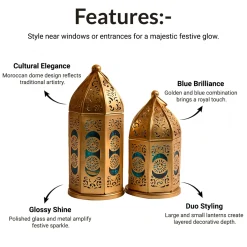 VON CASA Moroccan Lantern Set of 2 – Golden & Blue (Domed Design)