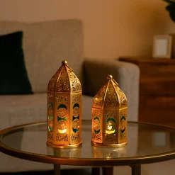 VON CASA Moroccan Lantern Set of 2 – Golden & Blue (Domed Design)