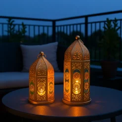 VON CASA Moroccan Lantern Set of 2 – Golden & Blue (Domed Design)