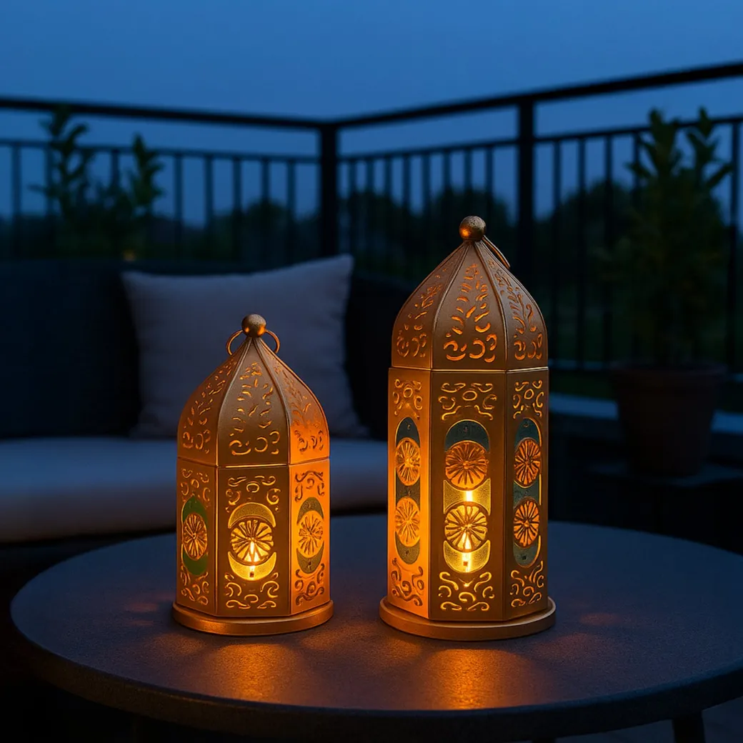 VON CASA Moroccan Lantern Set of 2 – Golden & Blue (Domed Design)