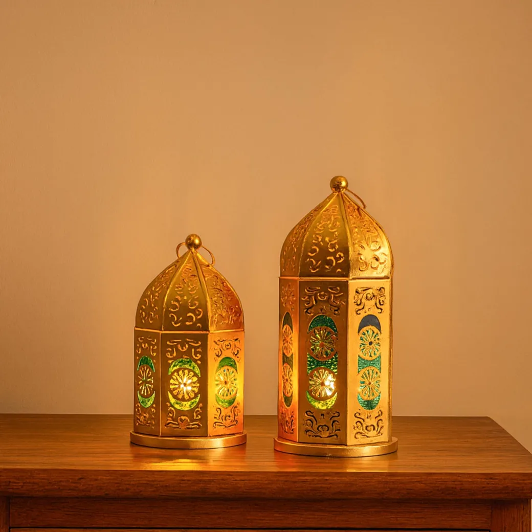 VON CASA Moroccan Lantern Set of 2 – Golden & Blue (Domed Design)