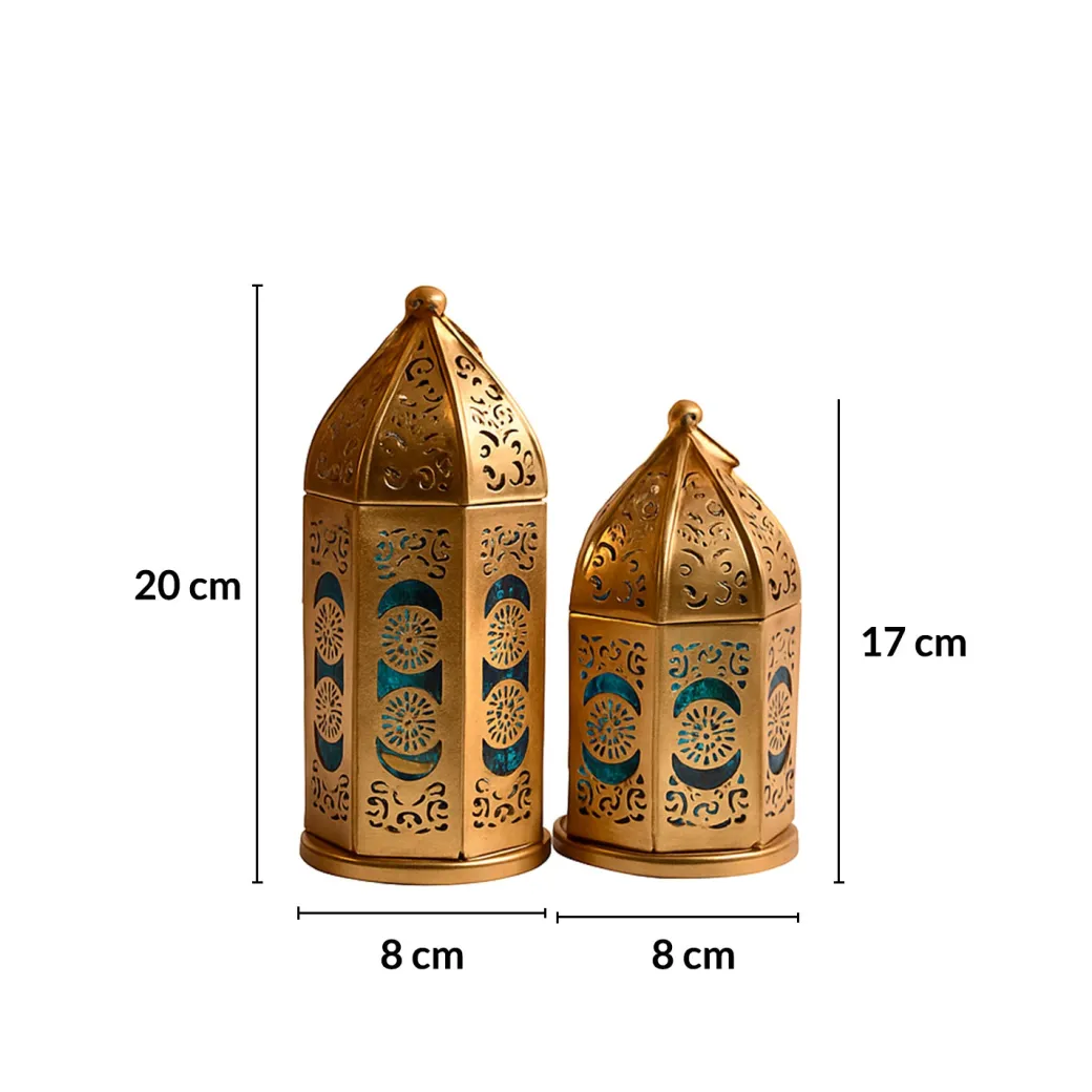 VON CASA Moroccan Lantern Set of 2 – Golden & Blue (Domed Design)