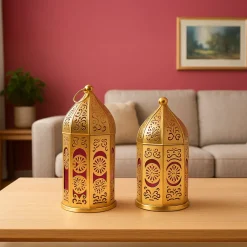 VON CASA Moroccan Lantern Set of 2 – Golden & Red (Domed Design)