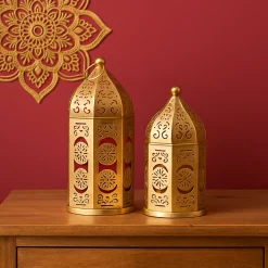 VON CASA Moroccan Lantern Set of 2 – Golden & Red (Domed Design)