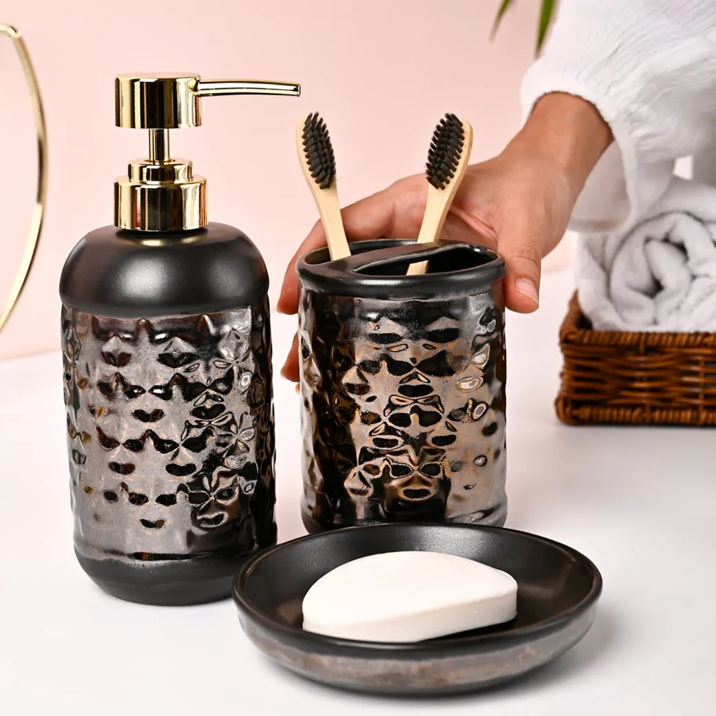 VON CASA 3Pcs Back & Gold Ceramic Bathroom Set