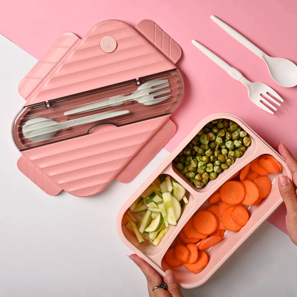 VON CASA Pink Plastic Lunch Box with Spoon Fork