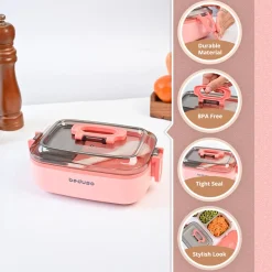 VON CASA Pink Plastic Lunch Box with Spoon