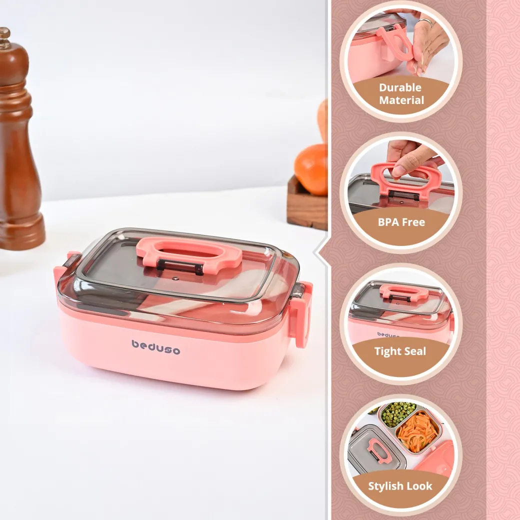VON CASA Pink Plastic Lunch Box with Spoon