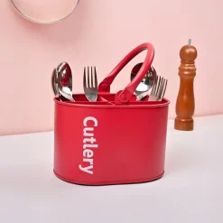 VON CASA Red Galvanized Iron Cutlery Holder – Matte Finish