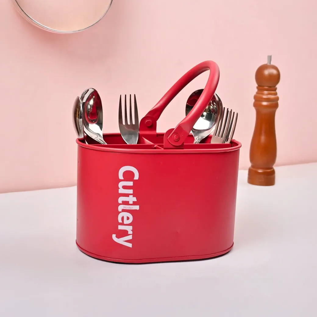 VON CASA Red Galvanized Iron Cutlery Holder – Matte Finish
