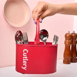 VON CASA Red Galvanized Iron Cutlery Holder – Matte Finish