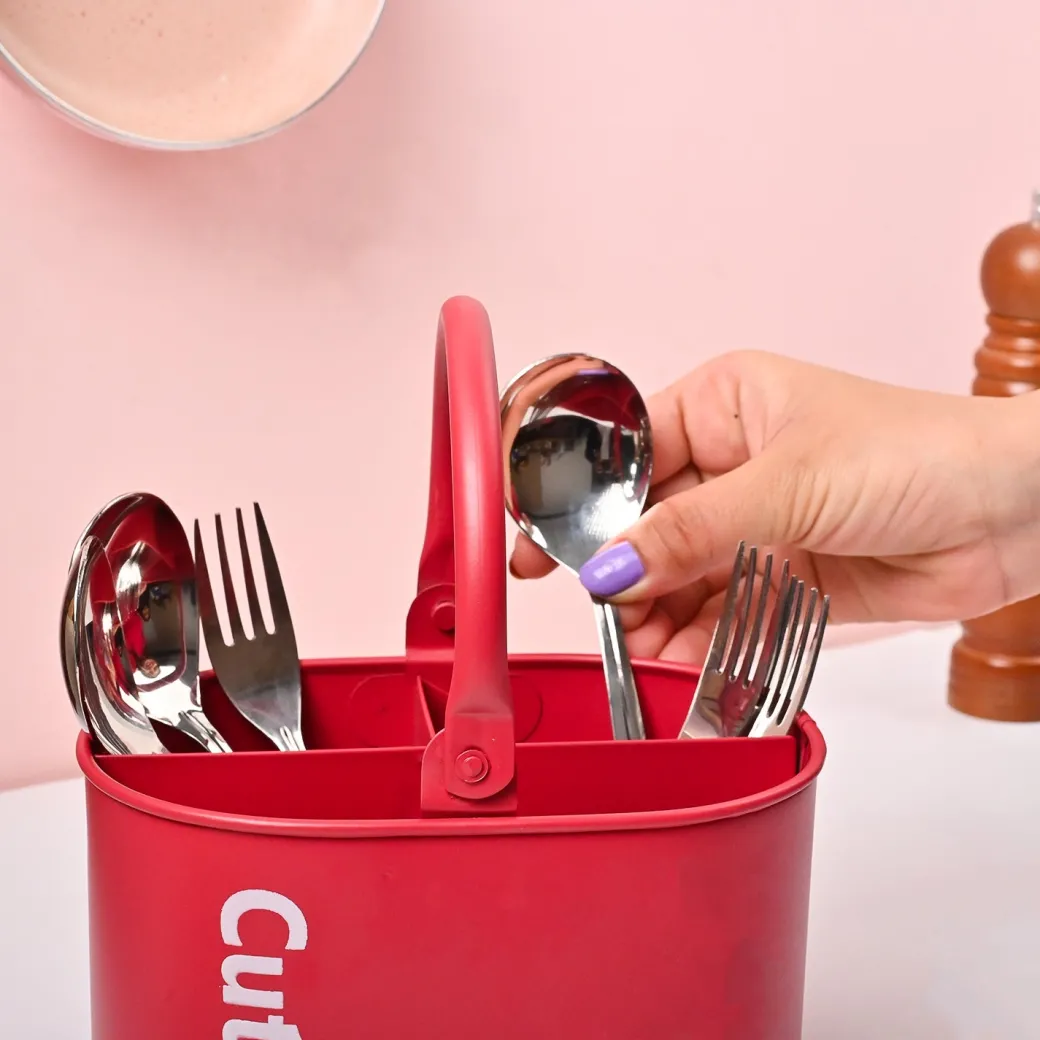VON CASA Red Galvanized Iron Cutlery Holder – Matte Finish