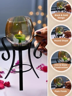 VON CASA Round Glass T- Light Holder With Stand