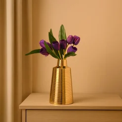 VON CASA Shiny Gold Vase – Truncated Cone (Shiny & Ribbed Design)