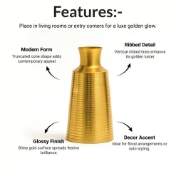 VON CASA Shiny Gold Vase – Truncated Cone (Shiny & Ribbed Design)