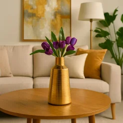 VON CASA Shiny Gold Vase – Truncated Cone (Shiny & Ribbed Design)
