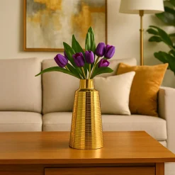 VON CASA Shiny Gold Vase – Truncated Cone (Shiny & Ribbed Design)