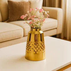VON CASA Shiny Gold Vase – Truncated Cone (Shiny & Diamond Pattern)
