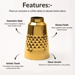VON CASA Shiny Gold Vase – Truncated Cone (Shiny & Diamond Pattern)
